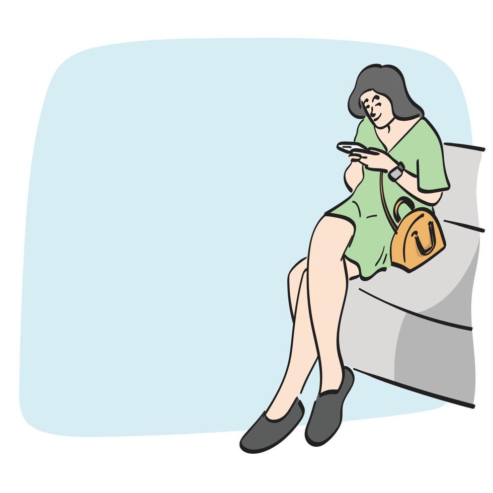 lijn kunst zakenvrouw gebruik makend van smartphone Aan sofa illustratie vector hand- getrokken geïsoleerd Aan wit achtergrond