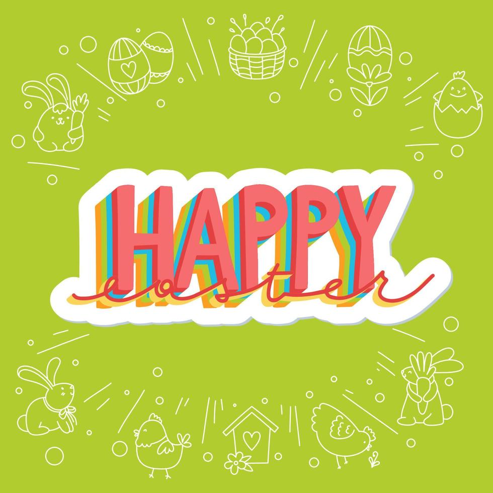 blij gelukkig Pasen hand getekend belettering voor groet kaarten, sociaal media berichten, stickers. kleurrijk snoep pastel kleuren voorjaar vector illustratie in vlak stijl.