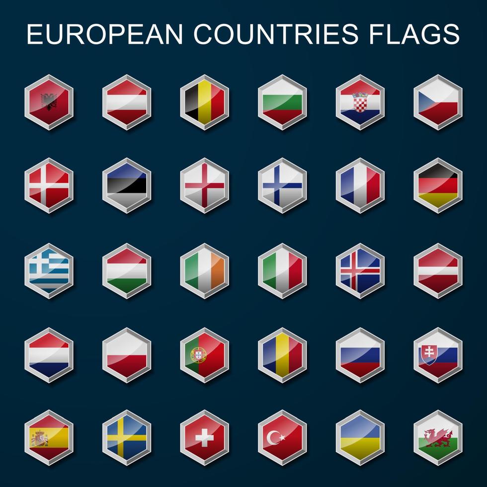 Europa vlaggen zeshoek toetsen geïsoleerd. vlaggen van Europa landen. vector. vector