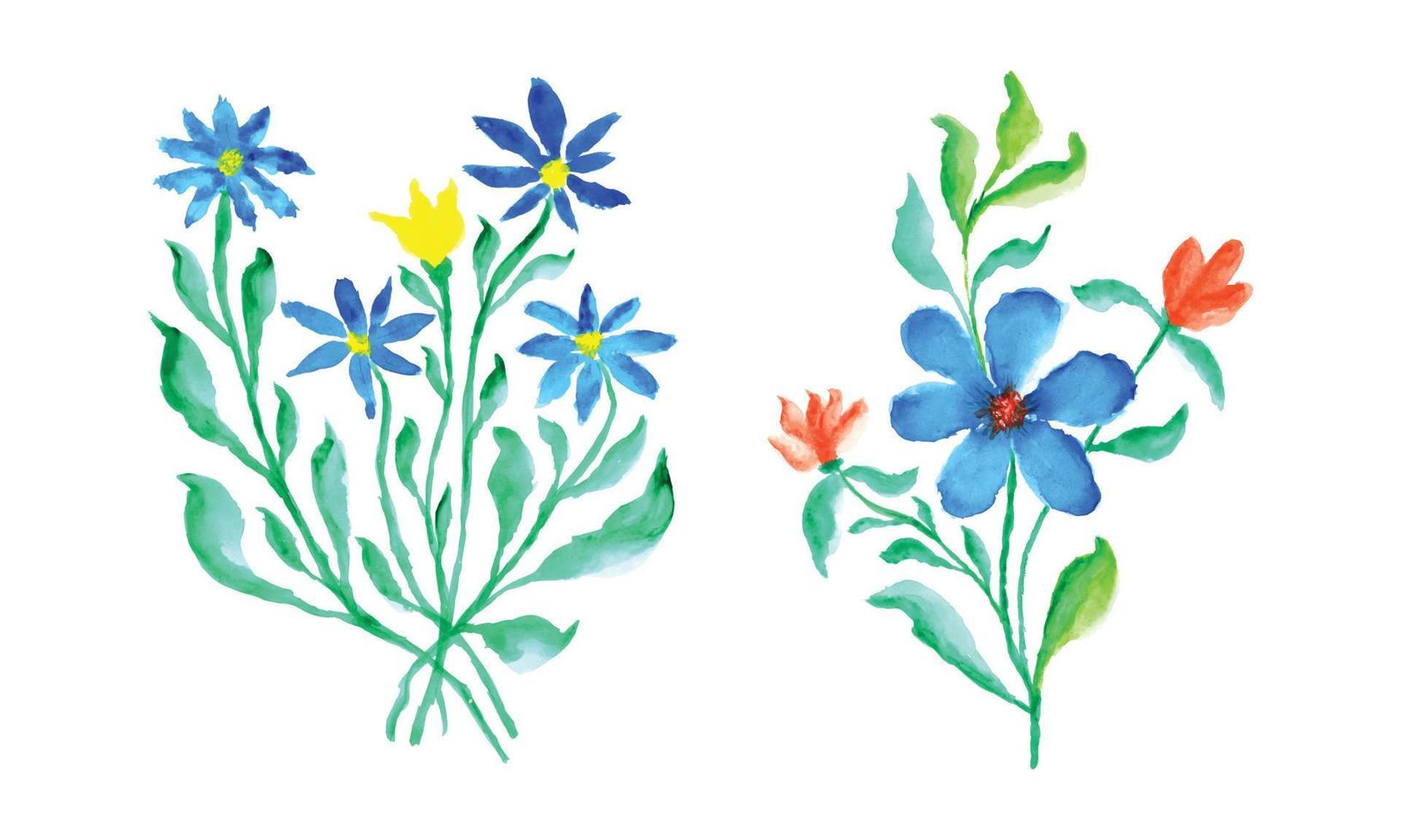 twee blauw bloemen Aan een wit achtergrond. waterverf schilderij van blauw bloemen met groen bladeren. kleurrijk waterverf bloem ontwerp vector