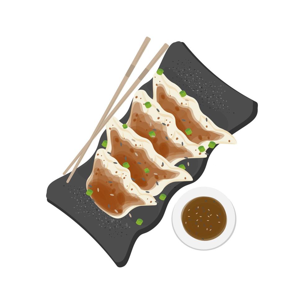 logo illustratie van gyoza jiaozi knoedels Aan een bord geserveerd met soja saus vector