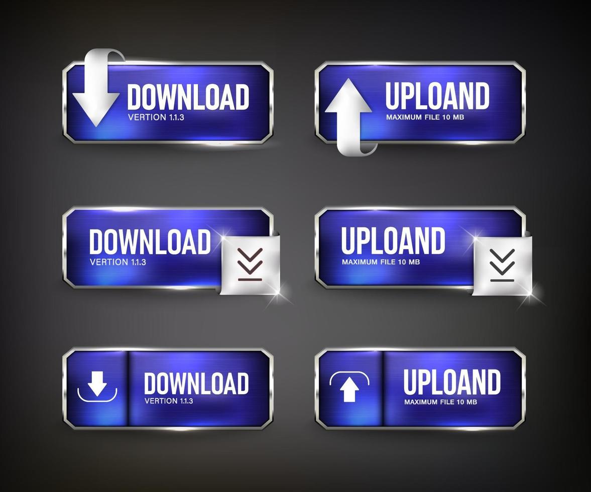 blauwe stalen downloadknoppen voor het web op zwarte achtergrond vector