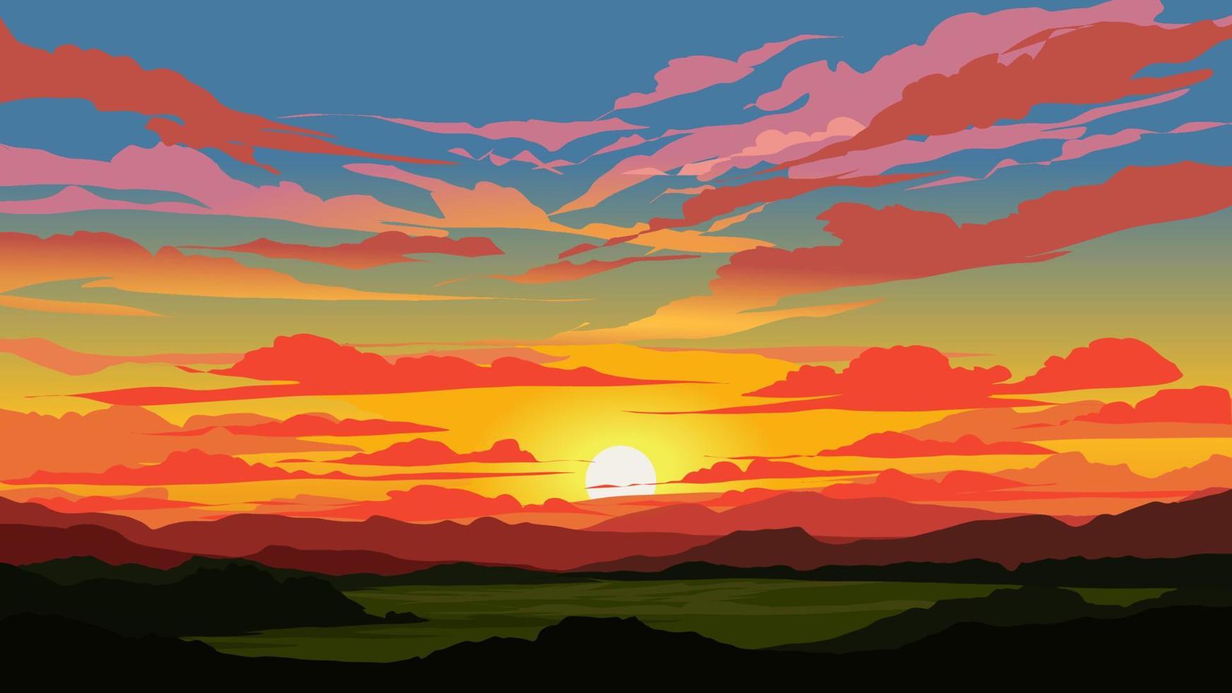vector illustratie van kleurrijk zonsondergang met bergen en weide