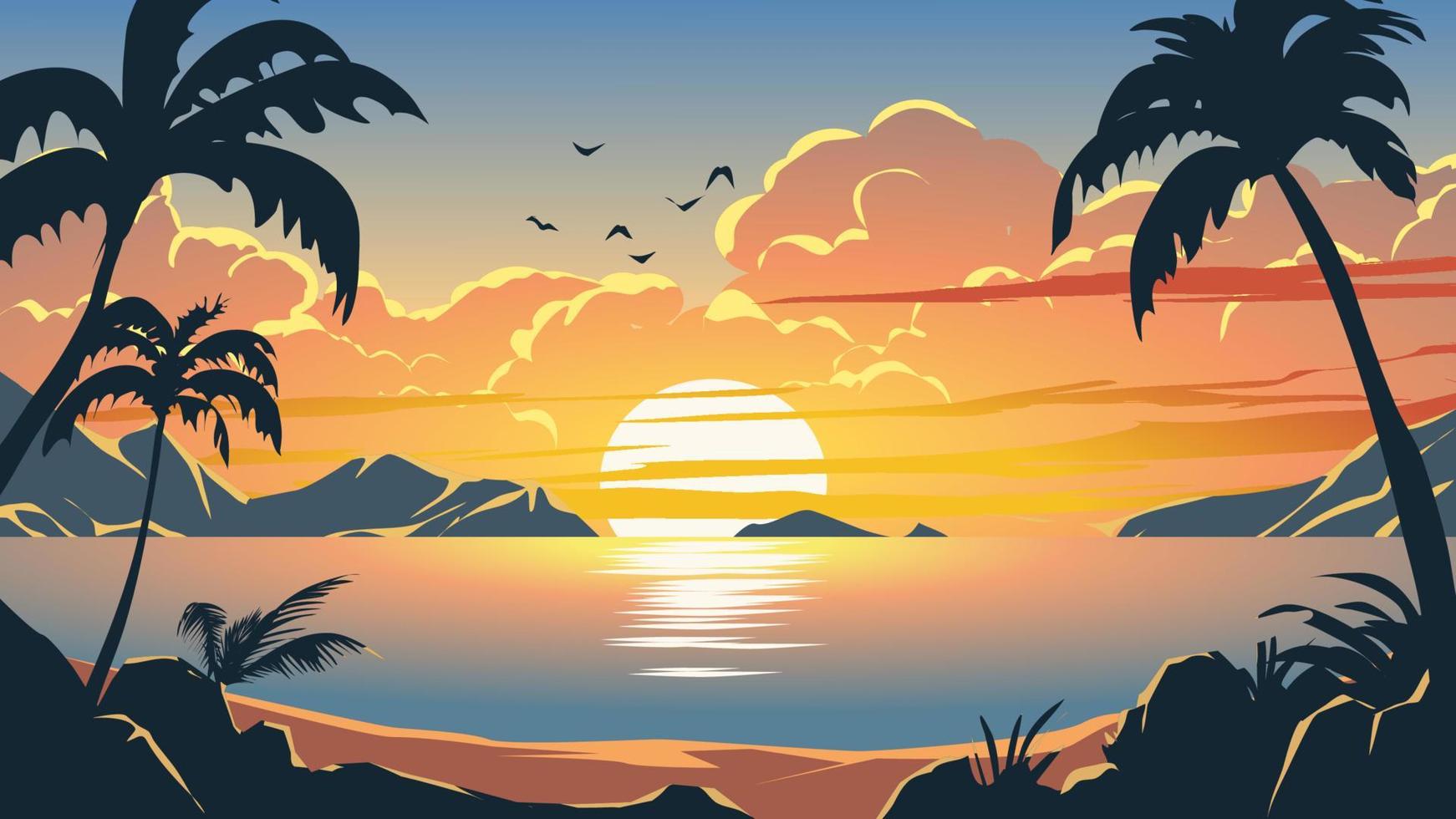 vector oceaan zonsondergang landschap. kleurrijk tropisch strand landschap