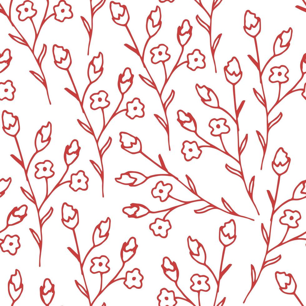 rood contour van takjes, wilde bloemen Aan een wit achtergrond. gemakkelijk teder bloemen tekening vector naadloos patroon. voor prints van kleding stof, textiel producten, kleding, verpakking, behang.