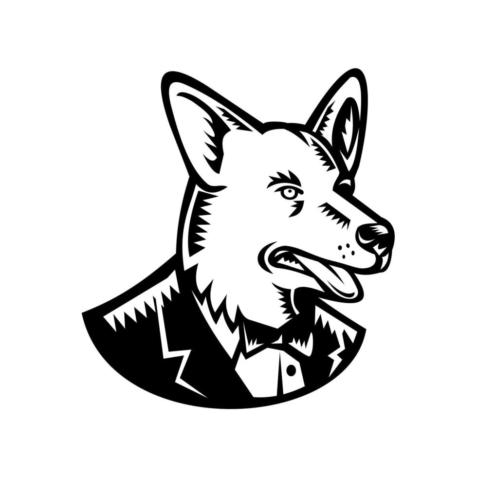 retro houtsnede stijl illustratie van een pembroke welsh corgi hond het dragen van een smoking jas en stropdas op zoek naar kant op geïsoleerde witte achtergrond gedaan in zwart en wit. vector