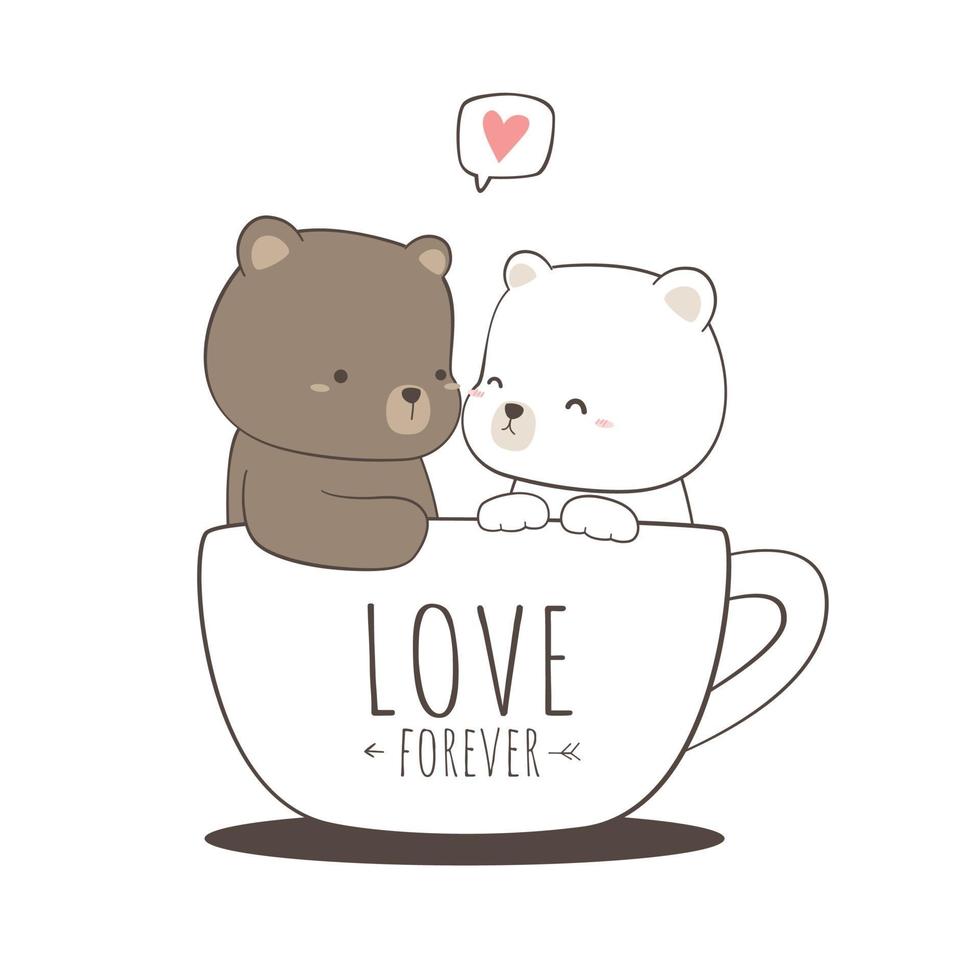 schattige teddybeer en ijsbeer paar zittend in een koffiekopje cartoon doodle vector
