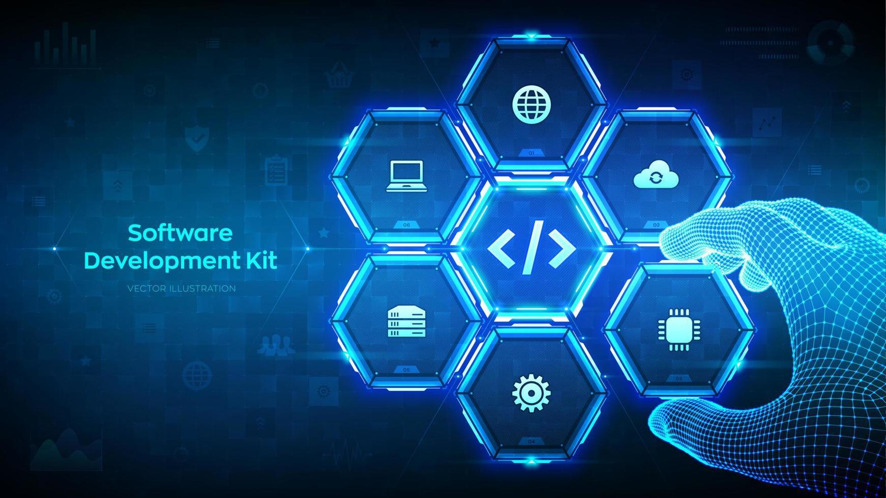 sdk. software ontwikkeling uitrusting programmering taal technologie concept Aan virtueel scherm. programmering code. wireframe hand- plaatsen een element in een samenstelling visualiseren sdk. vector illustratie.