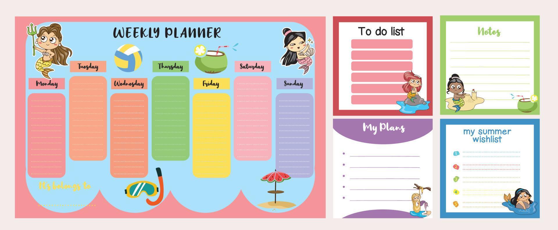 schattig wekelijks ontwerper achtergrond voor kinderen met schattig zeemeerminnen. vector sjabloon voor agenda, planners.