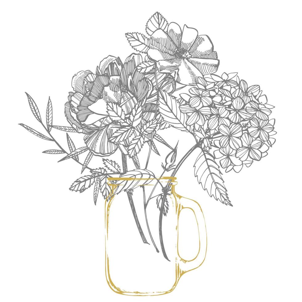 boeket. voorjaar bloemen en takjes. pioenrozen, hortensia, roos. wijnoogst botanisch illustratie. zwart en wit reeks van tekening korenbloemen, bloemen elementen, hand- getrokken botanisch illustratie. vector