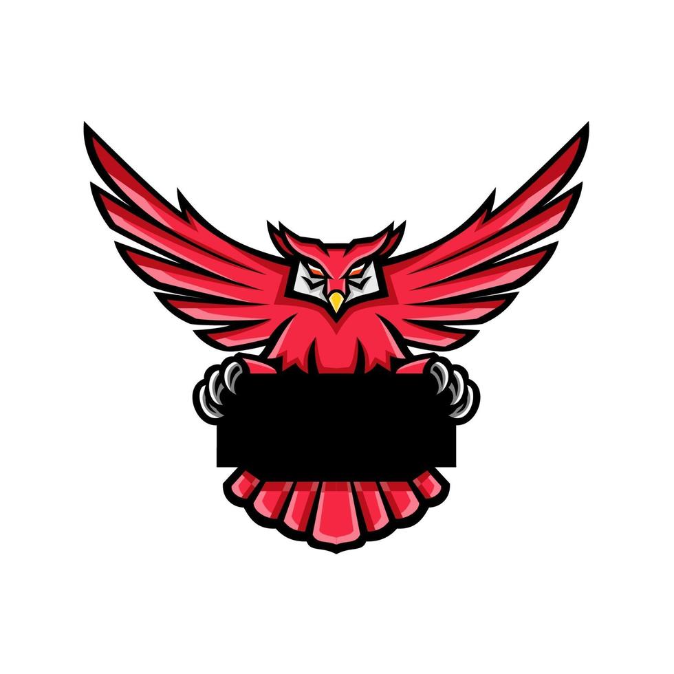 mascotte pictogram illustratie van een rode grote gehoornde uil die zijn vleugels spreidt met een spandoekteken vector