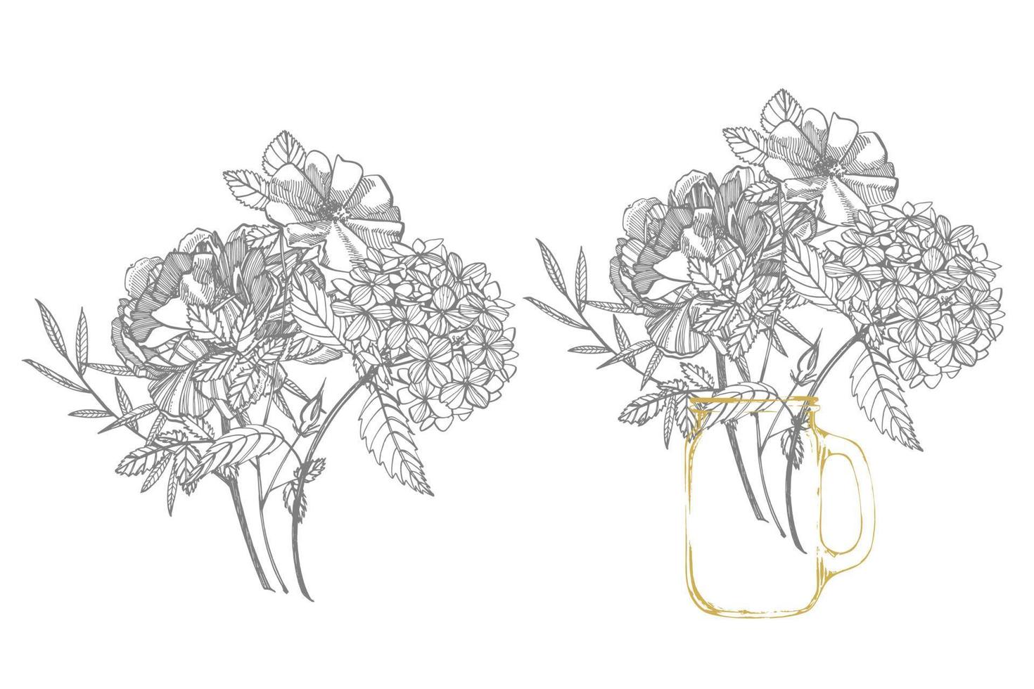 boeket. voorjaar bloemen en takjes. pioenrozen, hortensia, roos. wijnoogst botanisch illustratie. zwart en wit reeks van tekening korenbloemen, bloemen elementen, hand- getrokken botanisch illustratie. vector