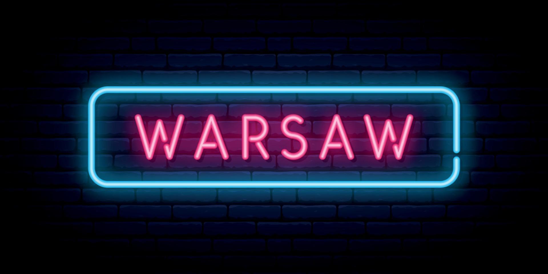 Warschau neon teken. helder licht uithangbord. vector