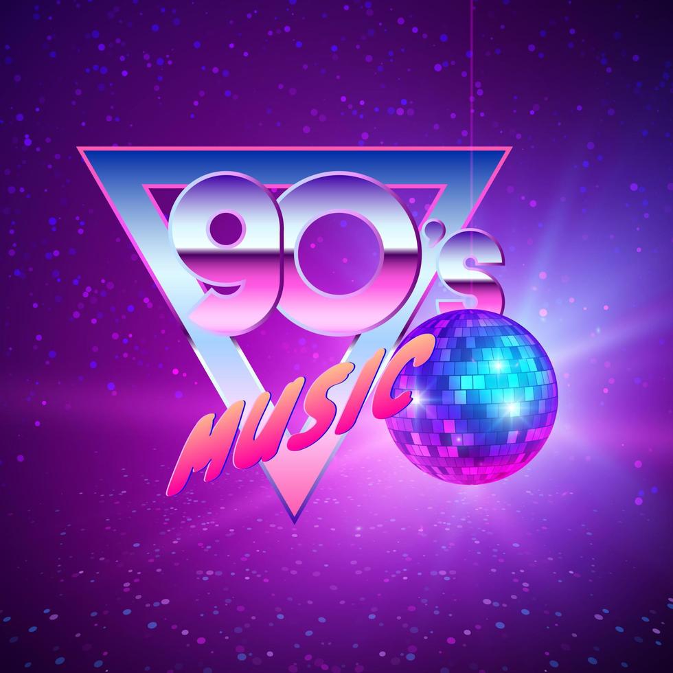 paster sjabloon voor disco partij jaren 90. neon kleuren en spiegel bal Aan achtergrond. wijnoogst muziek- folder. vector illustratie