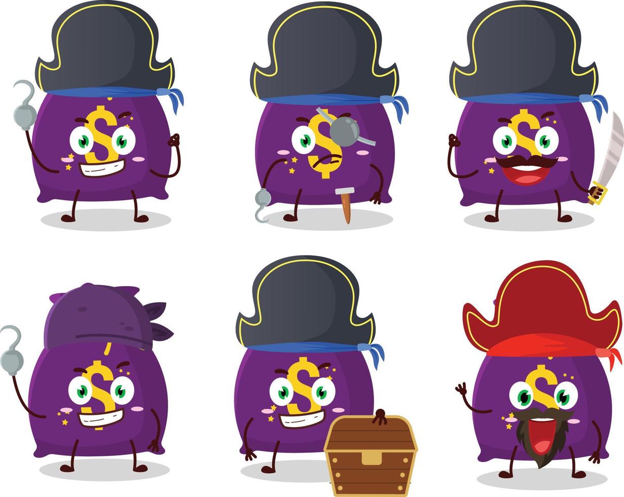 tekenfilm karakter van magie geld zak met divers piraten emoticons vector