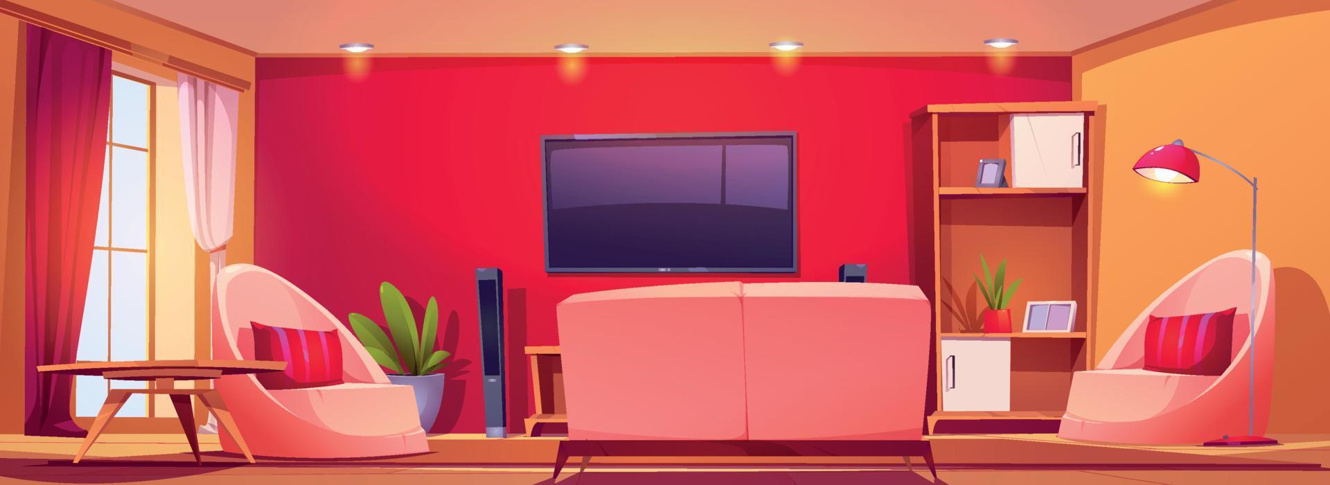 leven kamer interieur met rood muur, TV en bankstel vector