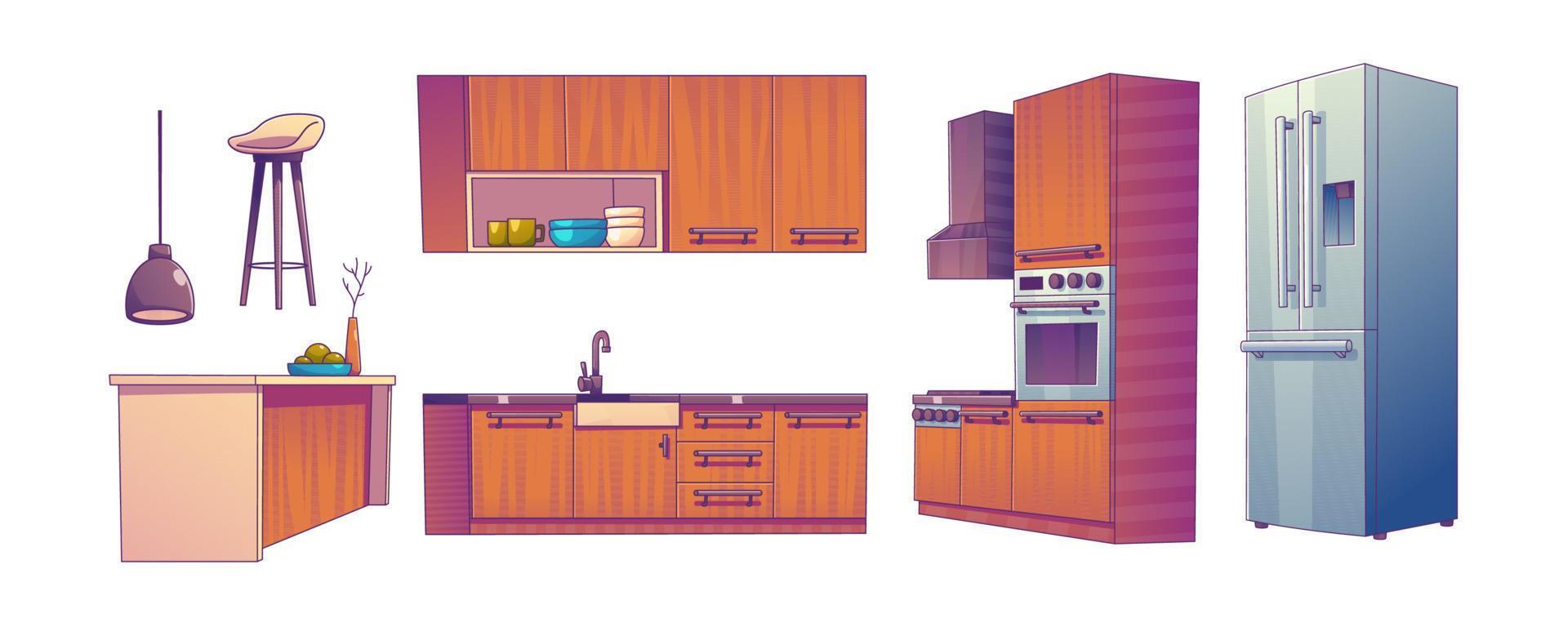keuken kamer interieur met tafels, koelkast, fornuis vector