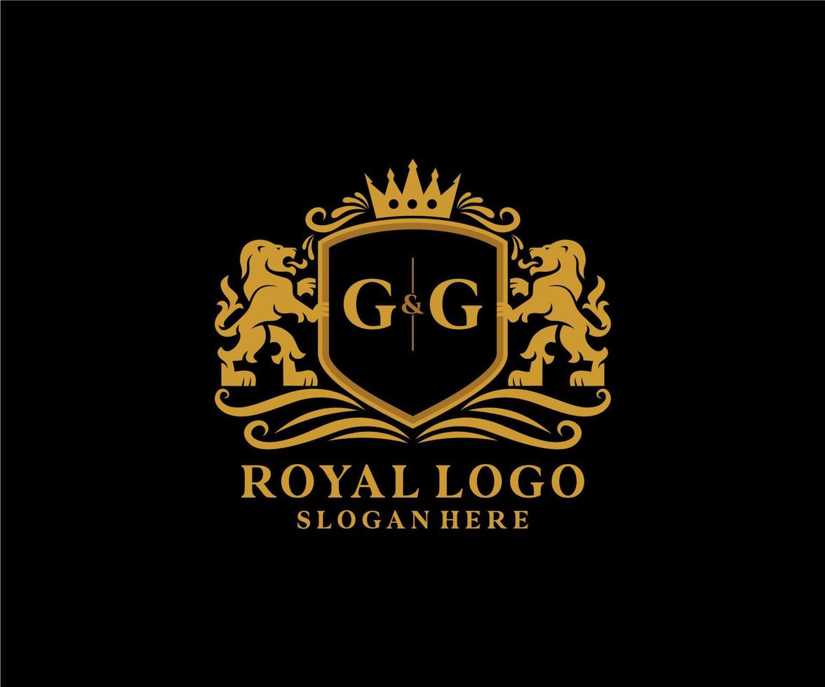 eerste gg brief leeuw Koninklijk luxe logo sjabloon in vector kunst voor restaurant, royalty, boetiek, cafe, hotel, heraldisch, sieraden, mode en andere vector illustratie.