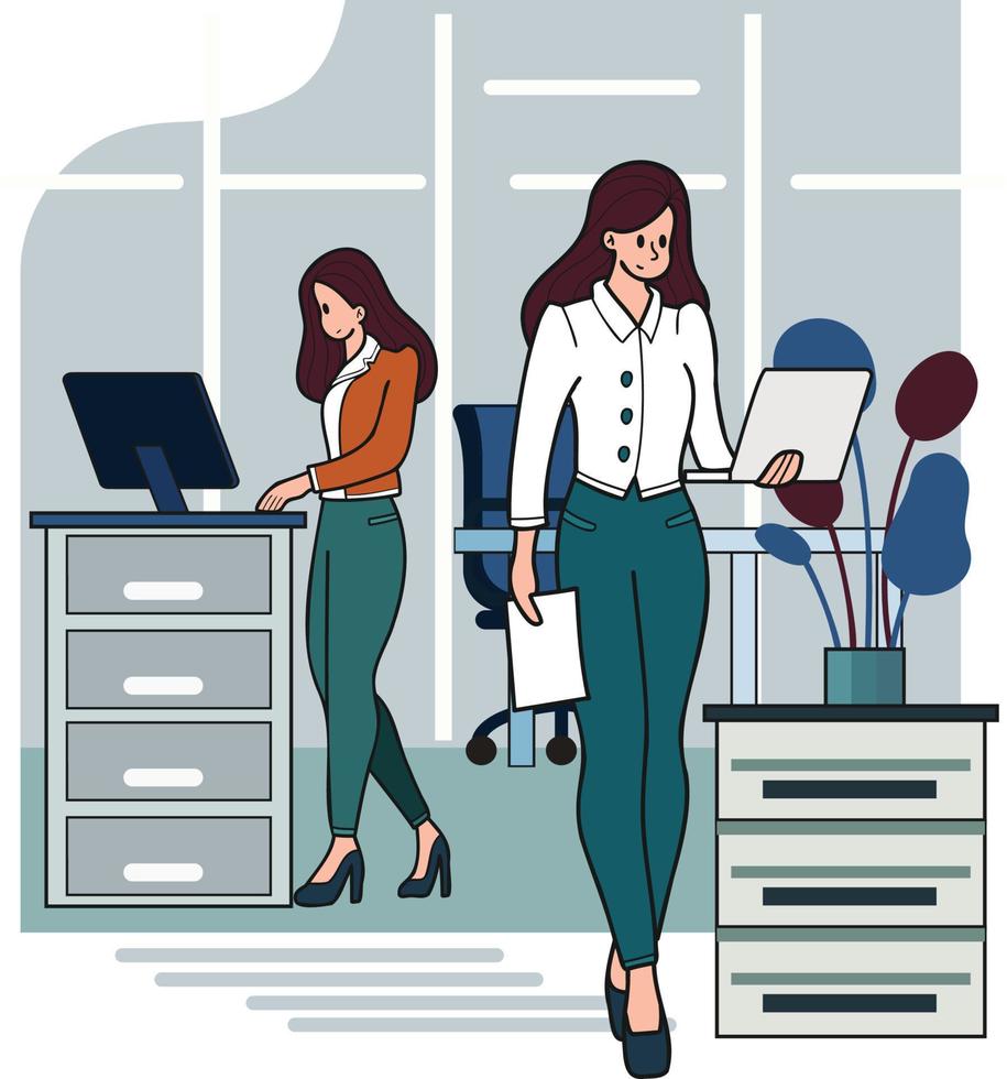 vrouw ondernemer met kantoor bureau illustratie in tekening stijl vector