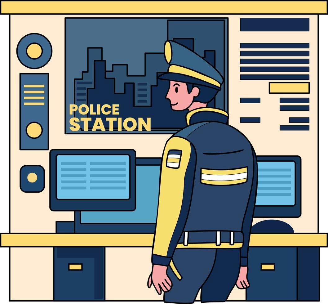 Politie en Politie station illustratie in tekening stijl vector