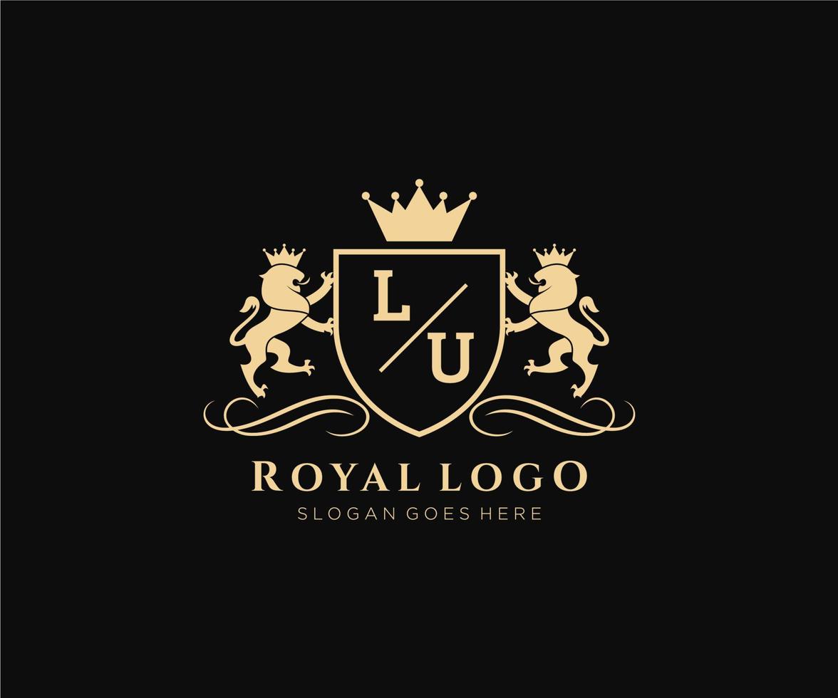 eerste lu brief leeuw Koninklijk luxe heraldisch, wapen logo sjabloon in vector kunst voor restaurant, royalty, boetiek, cafe, hotel, heraldisch, sieraden, mode en andere vector illustratie.