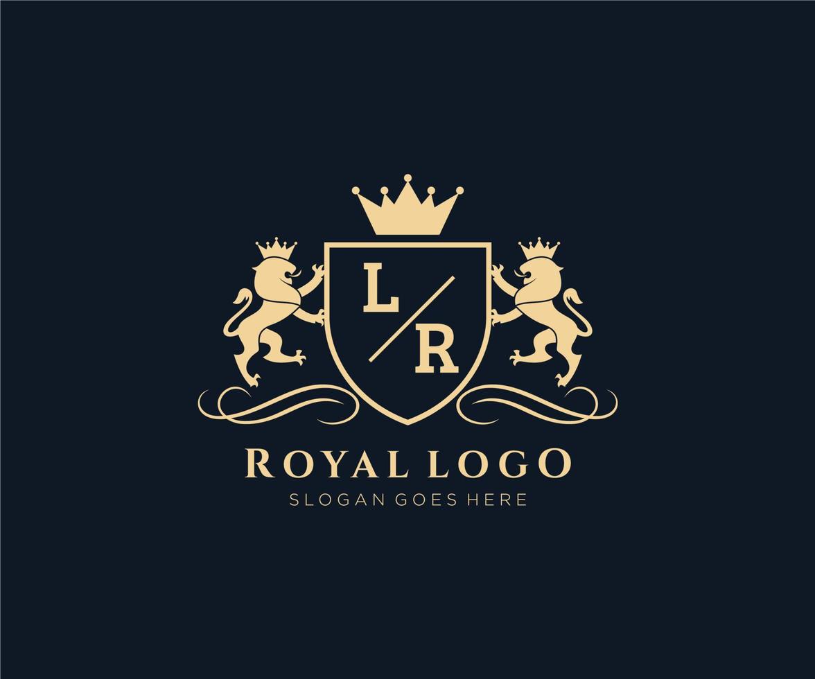 eerste lr brief leeuw Koninklijk luxe heraldisch, wapen logo sjabloon in vector kunst voor restaurant, royalty, boetiek, cafe, hotel, heraldisch, sieraden, mode en andere vector illustratie.