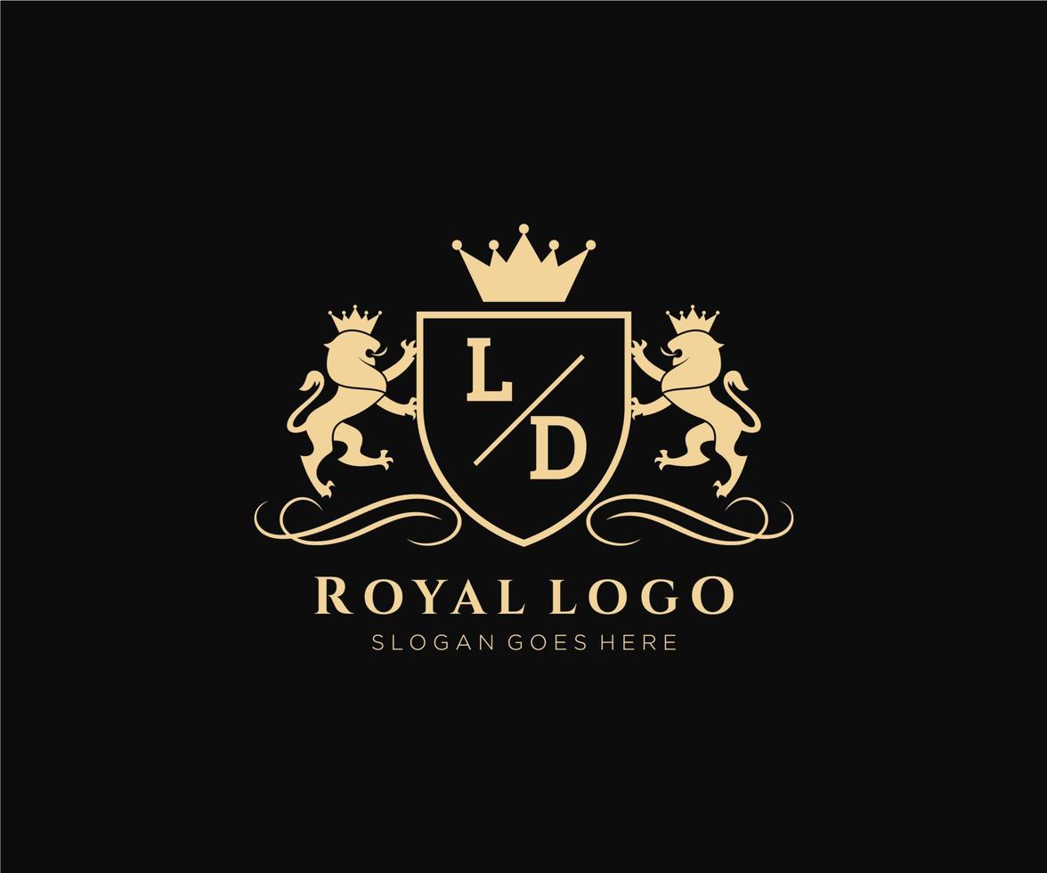 eerste ld brief leeuw Koninklijk luxe heraldisch, wapen logo sjabloon in vector kunst voor restaurant, royalty, boetiek, cafe, hotel, heraldisch, sieraden, mode en andere vector illustratie.