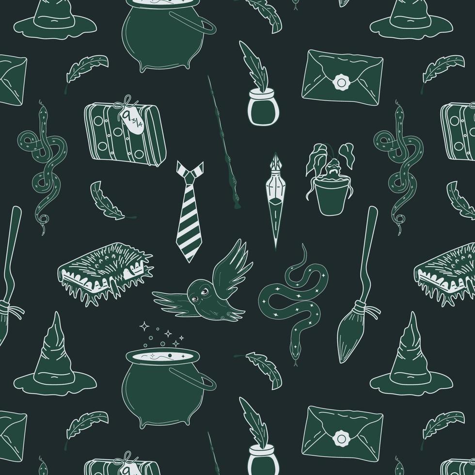 naadloos patroon met groen reeks van magisch dingen van een tovenaar school- vector