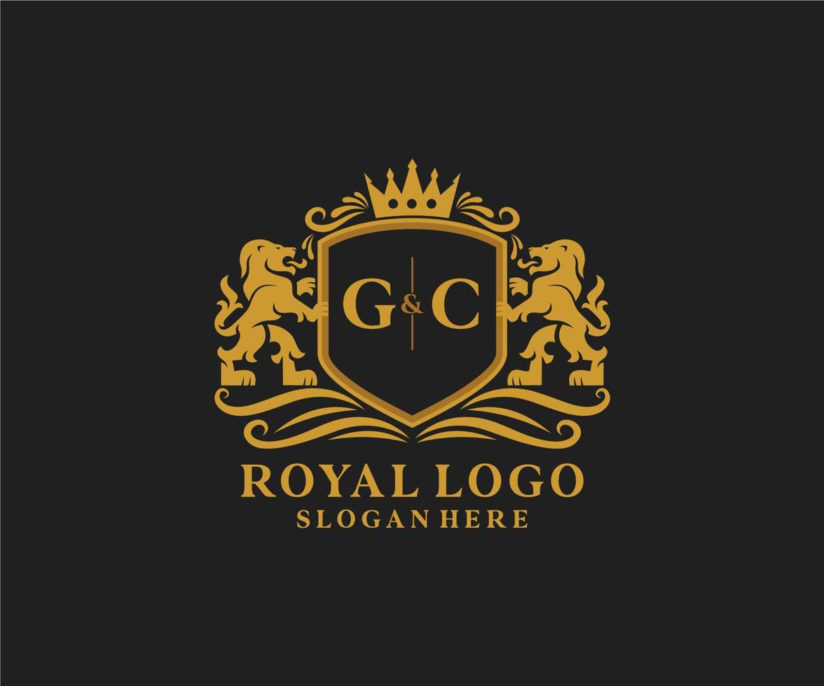 eerste gc brief leeuw Koninklijk luxe logo sjabloon in vector kunst voor restaurant, royalty, boetiek, cafe, hotel, heraldisch, sieraden, mode en andere vector illustratie.