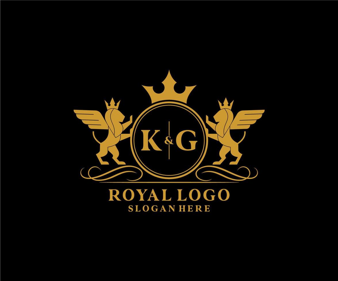 eerste kg brief leeuw Koninklijk luxe heraldisch, wapen logo sjabloon in vector kunst voor restaurant, royalty, boetiek, cafe, hotel, heraldisch, sieraden, mode en andere vector illustratie.