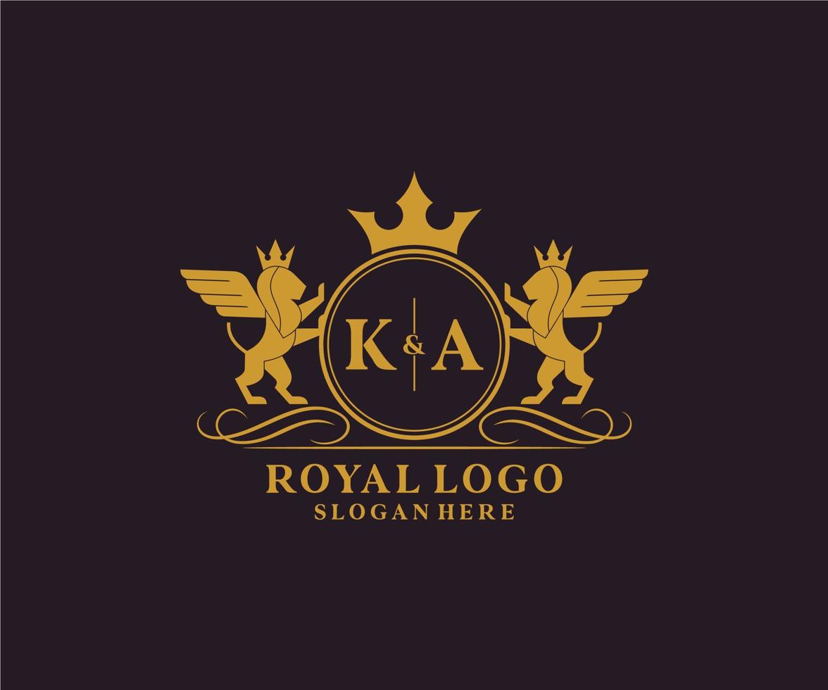 eerste ka brief leeuw Koninklijk luxe heraldisch, wapen logo sjabloon in vector kunst voor restaurant, royalty, boetiek, cafe, hotel, heraldisch, sieraden, mode en andere vector illustratie.