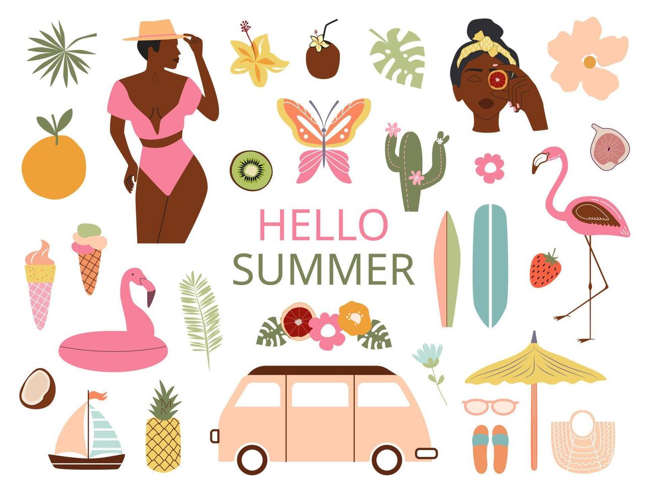 groot zomer clip art. gebruind mooi meisje in bikini, fruit, bloemen, flamingo, strand paraplu, Softijs, tropisch bladeren, zonnebril, surfen bord, bus. Hallo zomer inscriptie. zomer gevoel concept. vector