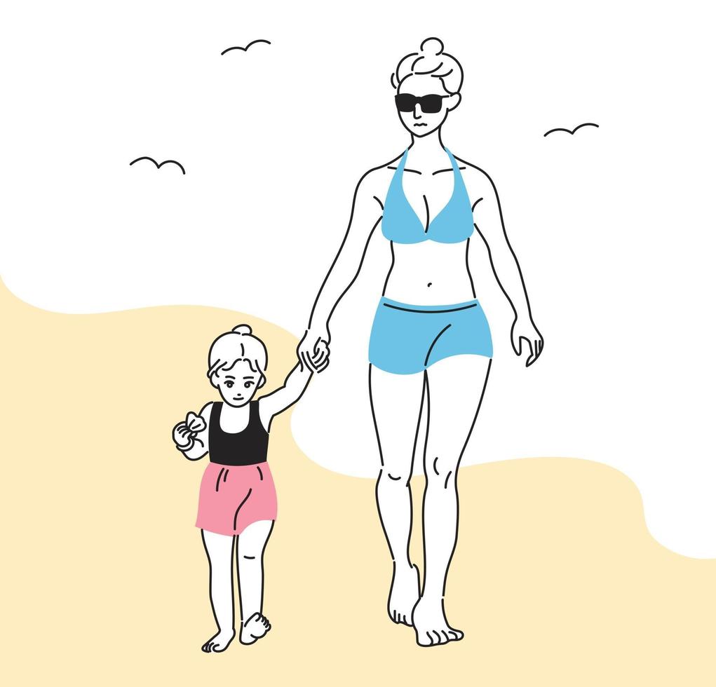 moeder en dochter in zwemkleding lopen op het strand. hand getrokken stijl vector ontwerp illustraties.