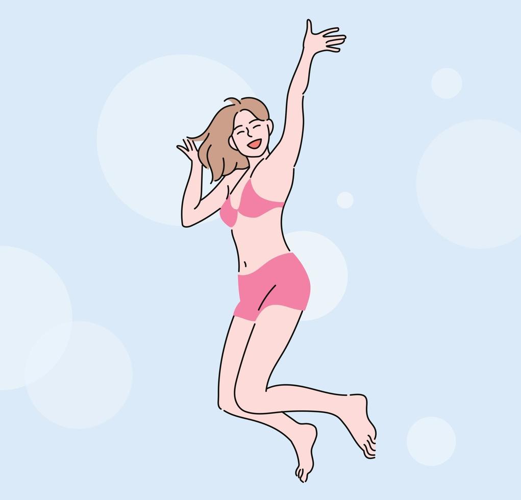 een vrouw die in de zomer naar het strand kwam, springt opgewonden in een badpak. hand getrokken stijl vector ontwerp illustraties.