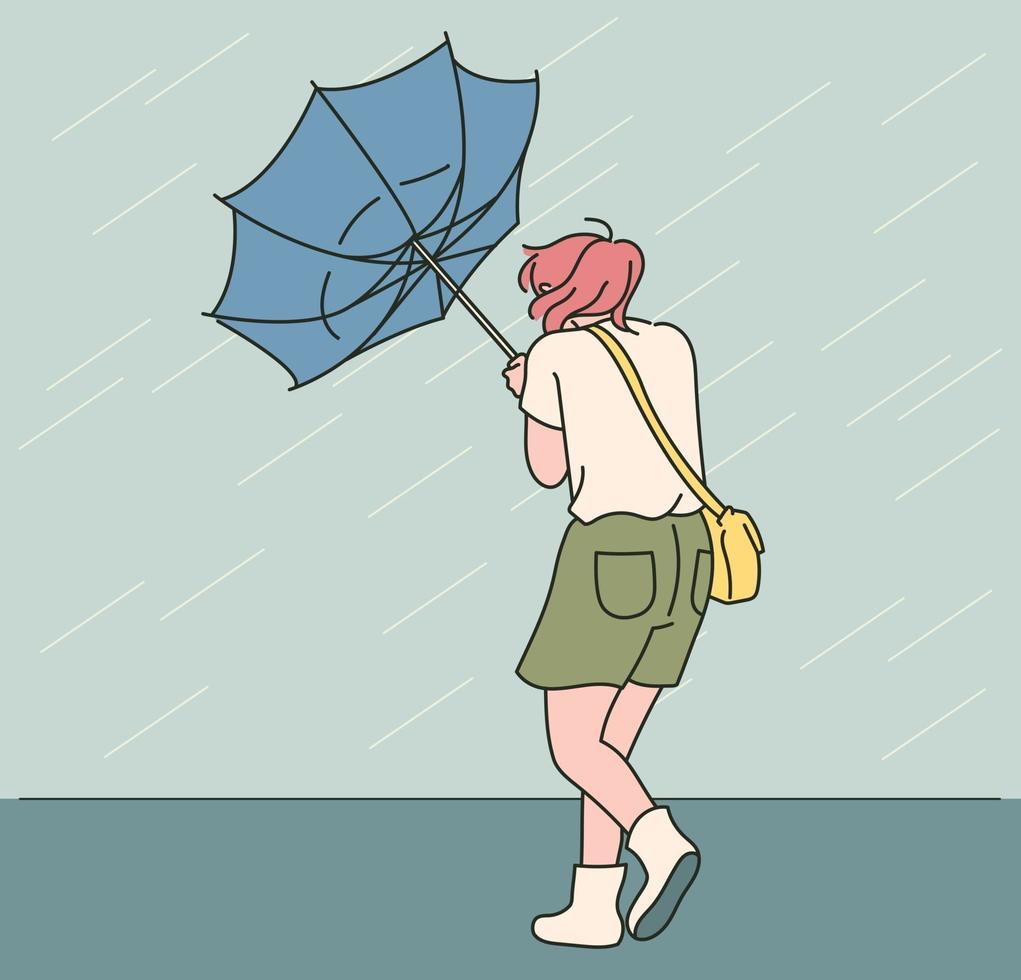 een paraplu draaide zich om terwijl een meisje door een hevige regenbui liep. hand getrokken stijl vector ontwerp illustraties.