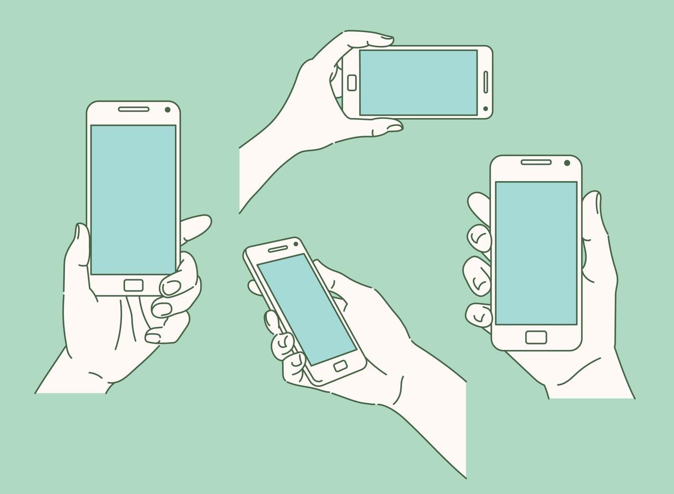 verschillende handhoudingen die de telefoon vasthouden. hand getrokken stijl vector ontwerp illustraties.