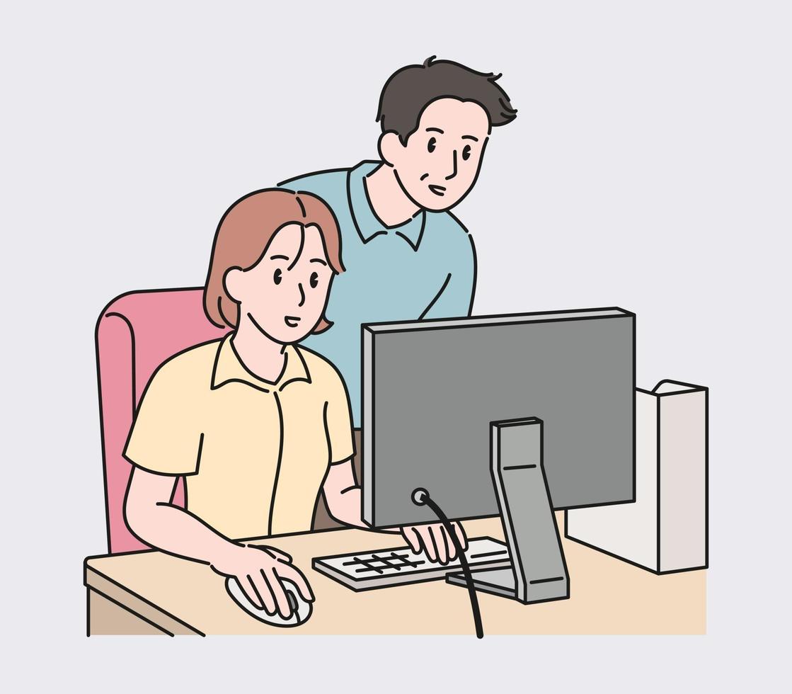 de werkneemster is bezig met de computer en de baas kijkt tevreden naar haar monitor. hand getrokken stijl vector ontwerp illustraties.