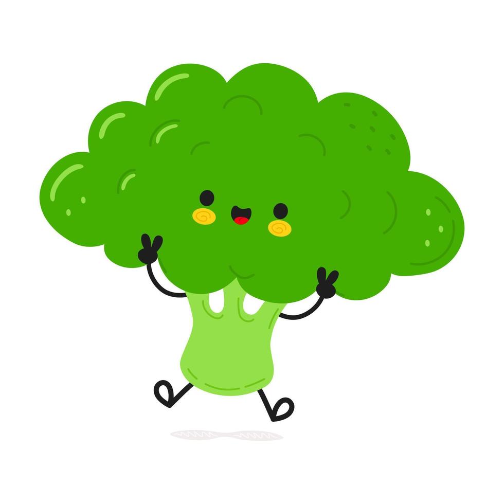 schattig grappig broccoli jumping karakter. vector hand- getrokken tekenfilm kawaii karakter illustratie icoon. geïsoleerd Aan wit achtergrond. broccoli karakter concept