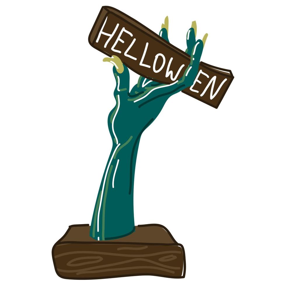 een tekenfilm zombie hand- in retro stijl houdt een bord met de opschrift halloween. een hand- Aan een houten staan met een houten plaque in zijn hand. griezelig hand- met strepen. het drukken een geïsoleerd vector