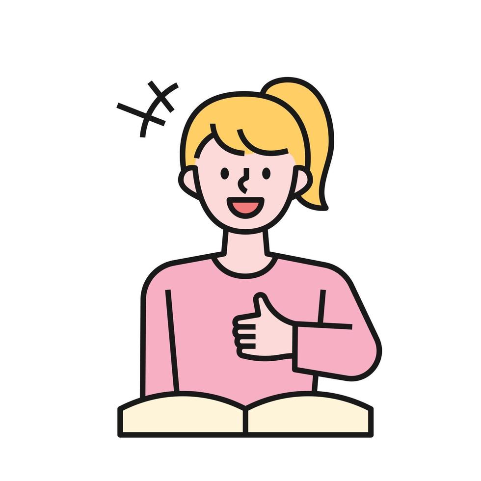 een meisje doet duim omhoog tijdens het lezen van een boek. platte ontwerpstijl minimale vectorillustratie. vector