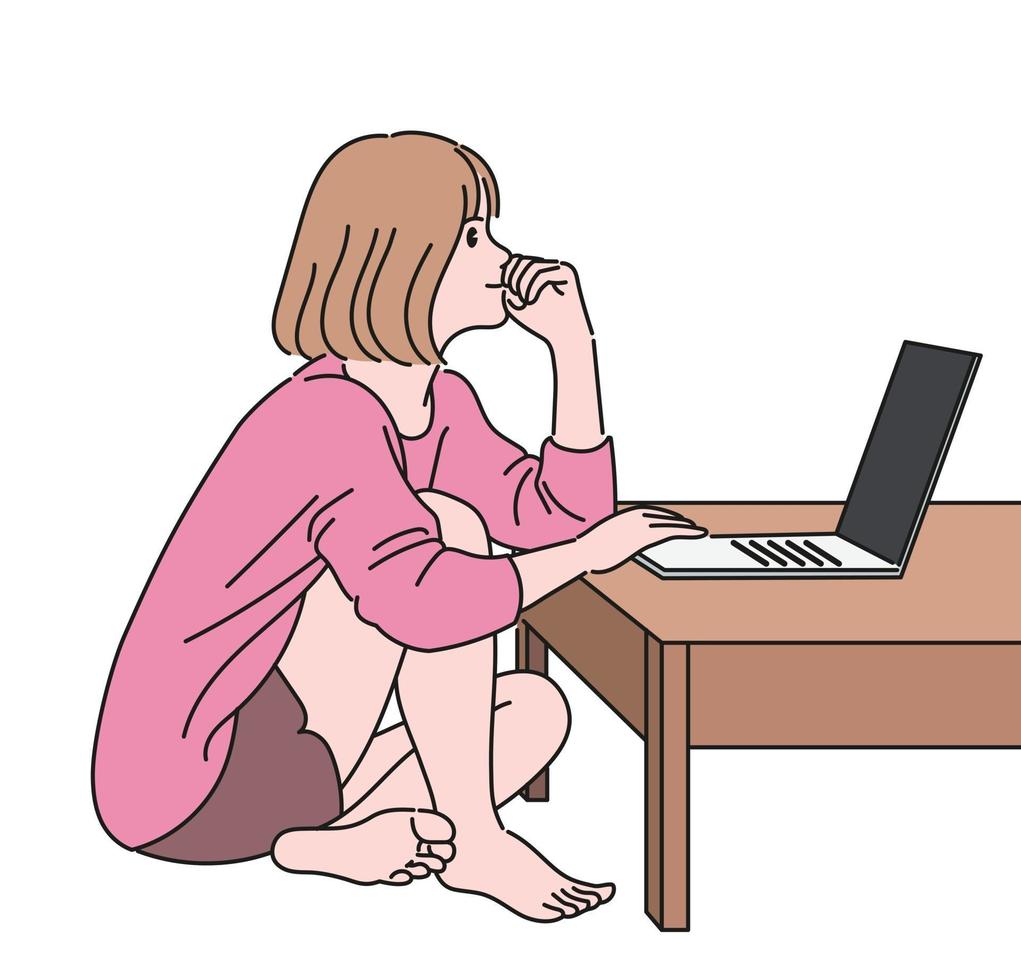 een meisje zit op de vloer en denkt na terwijl ze op een laptop werkt. hand getrokken stijl vector ontwerp illustraties.