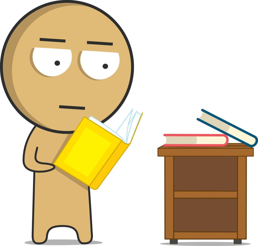 tekenfilm karakter lezing een boek in voorkant van een bureau. vector