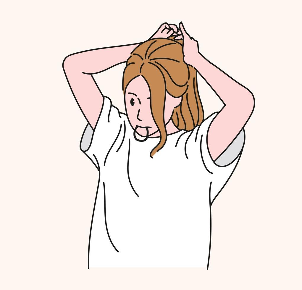 een vrouw bindt haar lange haren vast. hand getrokken stijl vector ontwerp illustraties.
