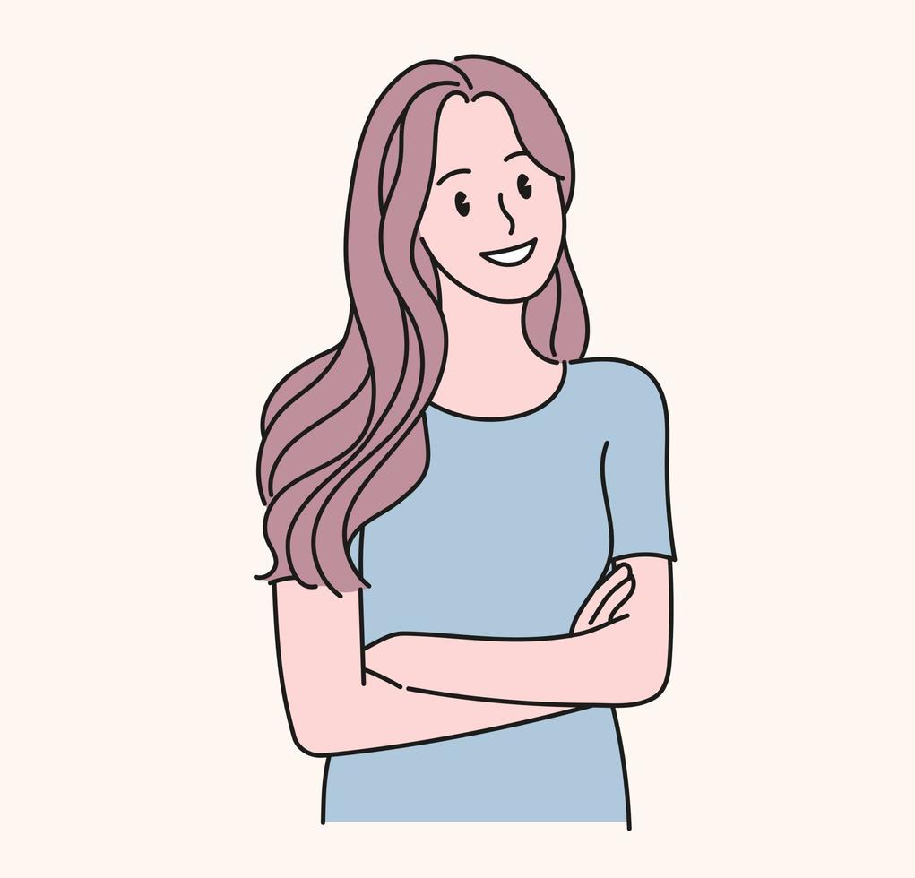 een vrouw glimlacht met haar armen gekruist. hand getrokken stijl vector ontwerp illustraties.