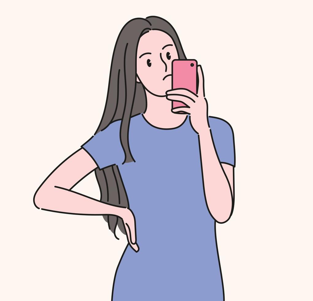 een vrouw kijkt naar haar mobiele telefoon. hand getrokken stijl vector ontwerp illustraties.