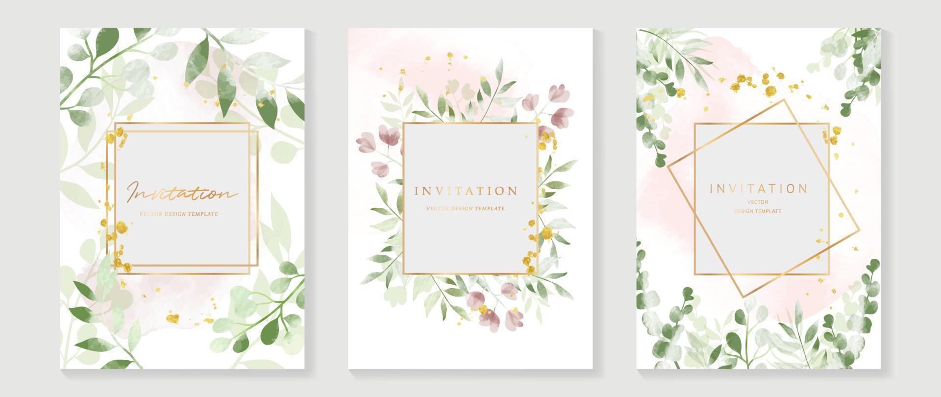 luxe bruiloft uitnodiging kaart achtergrond vector. elegant waterverf structuur in roze bloem, blad, goud grens. voorjaar bloemen ontwerp illustratie voor bruiloft en vip Hoes sjabloon, banier, nodig uit. vector