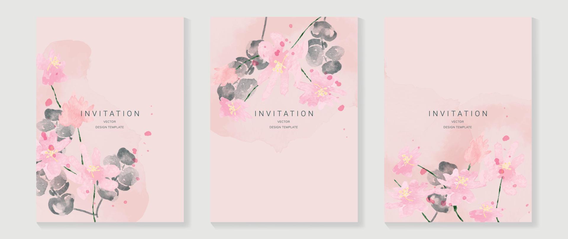 luxe bruiloft uitnodiging kaart achtergrond vector. elegant waterverf structuur in planten, roze bloem, blad. voorjaar bloemen ontwerp illustratie voor bruiloft en vip Hoes sjabloon, banier, nodig uit. vector