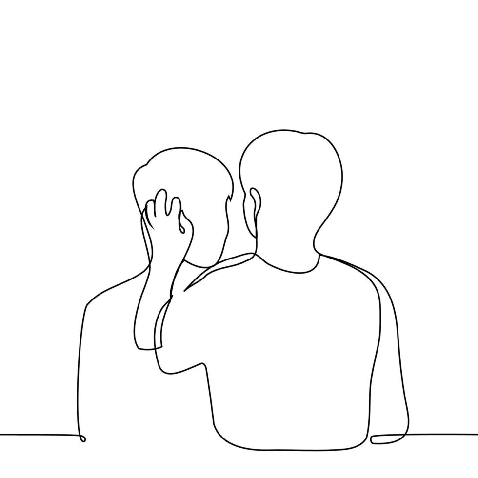 Mens voorzichtig en intiem accenten een ander man's haar- een lijn tekening vector. concept flirt, liefde, zorg vector