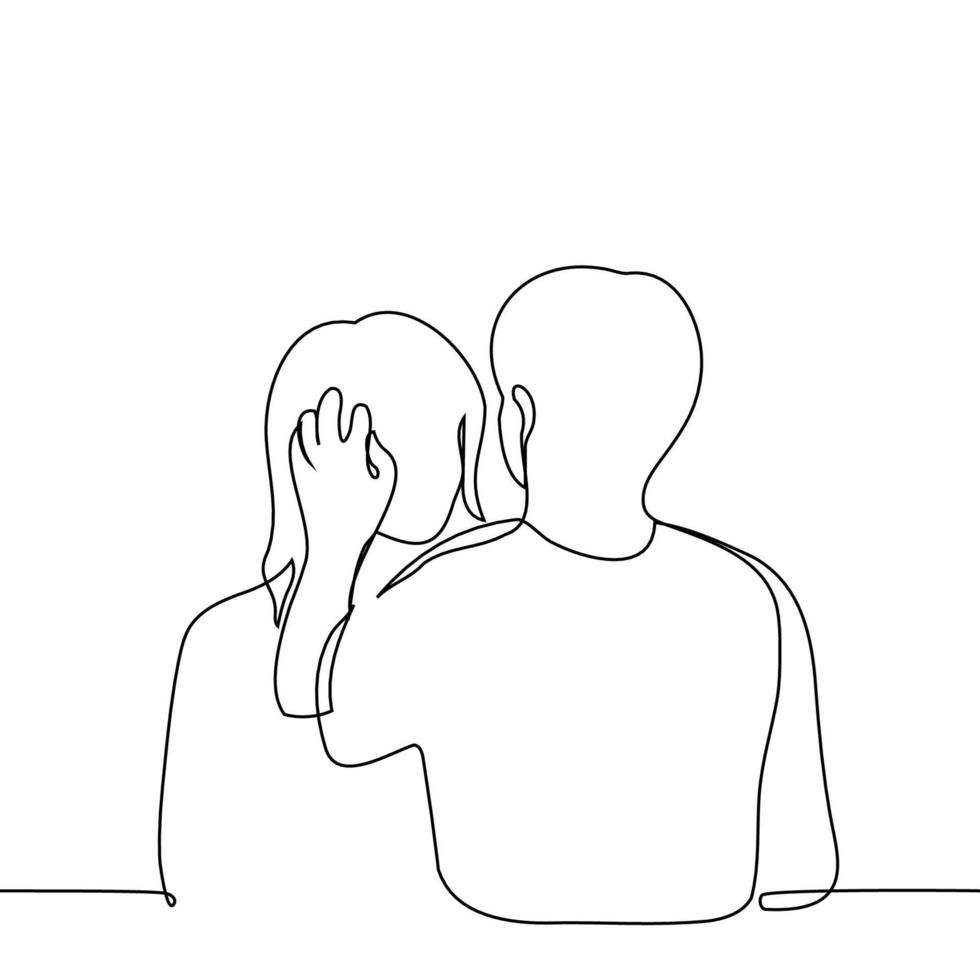 Mens voorzichtig en intiem accenten vrouw haar- een lijn tekening vector. concept flirt, liefde, zorg vector