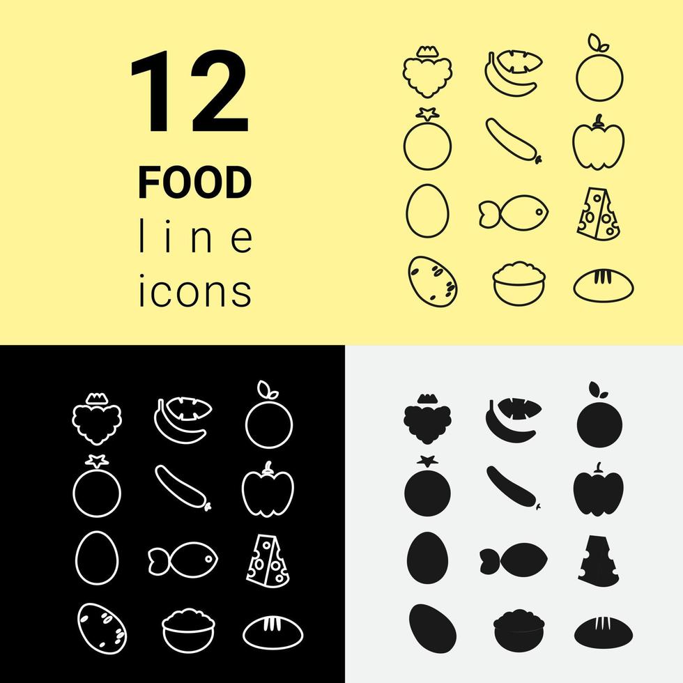 de dieet voeding voedsel schets icoon reeks fruit en groenten met ei, vis, moeilijk kaas, havermout, en brood. gezond aan het eten concept vector illustratie